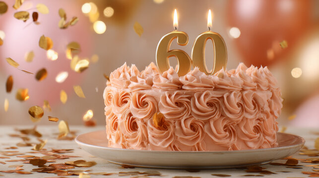 60th birthday cake with pink frosting and golden candles surrounded by festive confetti and blurred lights