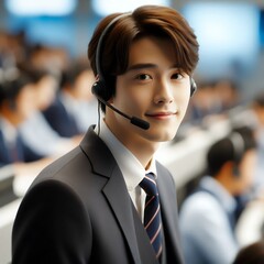 Smiling Asian Male Call Center Agent Wearing Headset in Modern Office for Customer Support and Communication Service Concept with Generative AI.