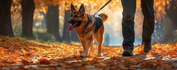 Happy German Shepherd enjoys playful moment while walking on leash with its owner through picturesque autumn landscape filled with vibrant orange and yellow leaves