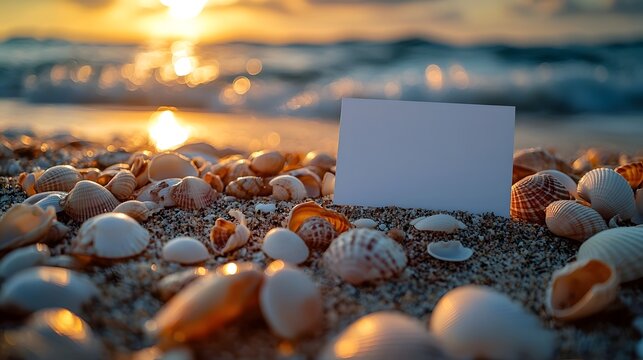 Peaceful beach scene with a blank white gift card on the sand