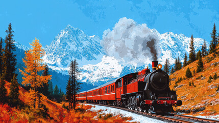 Obraz premium Vintage style steam train travels through picturesque mountain landscape, surrounded by vibrant autumn foliage and snow capped peaks