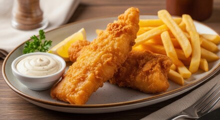 Crispy fried fish and chips with tartar sauce a classic dish representing comfort food and british cuisine