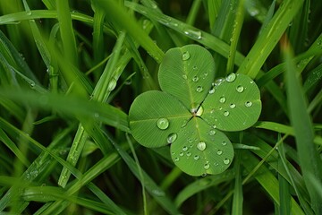 Four Leaf Clover Covered in Water Droplets Among Lush Green Grass