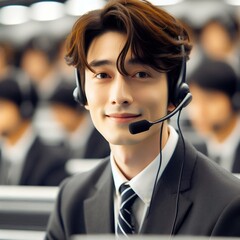 Smiling Asian Male Call Center Agent Wearing Headset in Modern Office for Customer Support and Communication Service Concept with Generative AI.