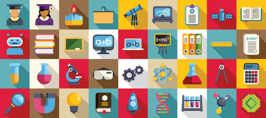 Stem education icons set. Diverse set of colorful icons representing various aspects of science, technology, engineering, mathematics, and education, fostering knowledge and innovation © anatolir