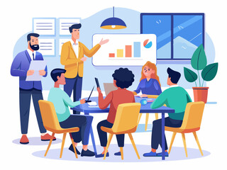 Entrepreneur delivering business presentation to venture capital investors in professional meeting setting