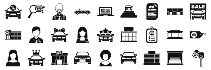 Dealership icons set. Car dealerships provide services like sales, financing, and maintenance, enhancing the customer experience and ensuring satisfaction