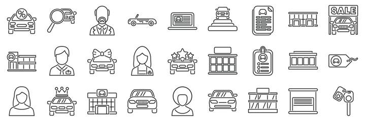 Dealership icons set. Set of vector line icons related to car dealerships, including buying, selling, financing, insurance, showrooms, and more