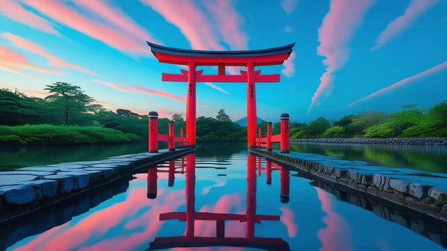 A traditional Japanese gate reflected in serene water surrounded by greenery with a tranquil landscape.