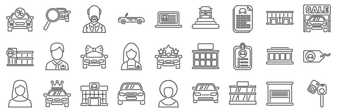 Fototapeta Dealership icons set. Set of vector line icons related to car dealerships, including buying, selling, financing, insurance, showrooms, and more