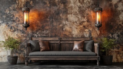 Fototapeta premium Leather and wood vintage sofa with distressed finish placed under warm ambient lighting