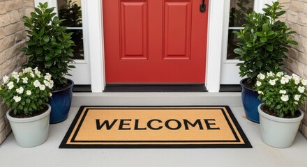 Welcome mat with potted plants and red door symbolizing home sweet home and warm welcome