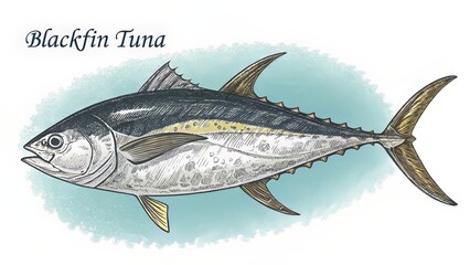 A color-etched drawing of a tuna labeled ?Blackfin Tuna,? with hand-rendered textures.