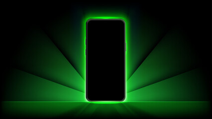 Smartphone Mockup with Green Glow Light Effect – Smartphone Screen Glow, Illuminating Mobile Display Designs for Banners, Wallpapers, and Luxury Vouchers, App Presentation and Technology Template
