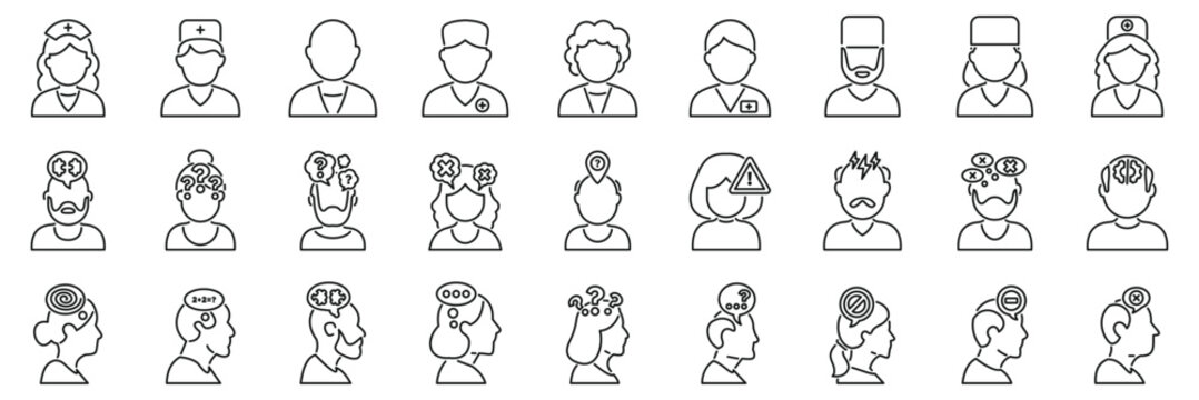 Dementia man icons set. Line icons representing doctors, nurses and patients experiencing various mental health problems and concerns