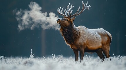 Majestic elk standing in a frost covered meadow steam rising from its nostrils