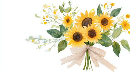 Naklejka premium Watercolor sunflower bouquet with greenery and ribbon, vibrant and cheerful, perfect for decoration or greeting cards