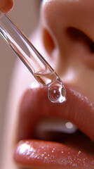 Macro close-up of a cosmetic serum dropper applying liquid near glossy lips. Skincare treatment, hydration, and premium cosmetics. Perfect for use in beauty campaigns, product ads, or wellness blogs.