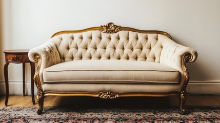 Ornate vintage sofa with golden frame and cream upholstery placed beside a classic side table
