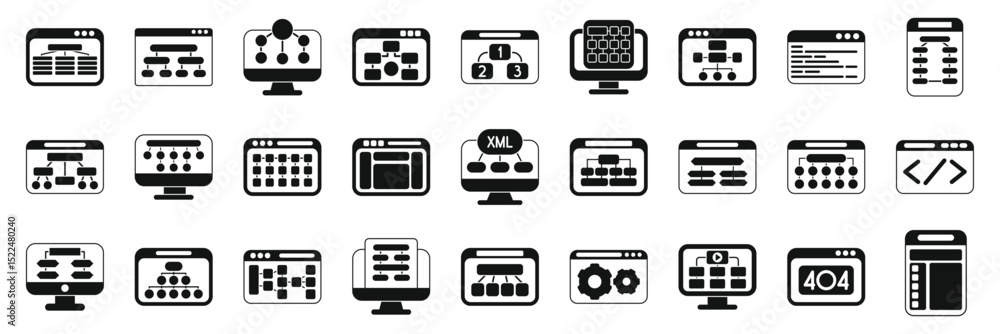 Poster sitemap creation icons set. diverse computer icons illustrating web development concepts