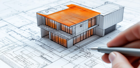 Modern architectural design with orange roof on blueprint evokes creativity