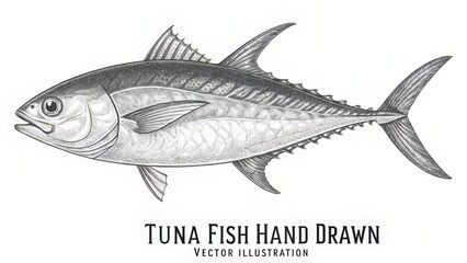 A highly detailed pencil-sketch tuna illustration with realistic anatomy, labeled Tuna