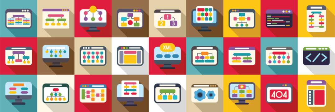 Sitemap creation icons set. Website and software development process shown through algorithms displayed on various computer screens, symbolizing programming, coding, and workflow