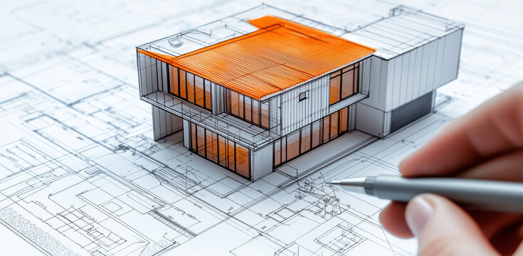 Modern architectural design with orange roof on blueprint evokes creativity