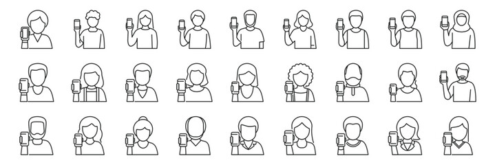 People show smartphone screen icons set. Diverse group of people holding smartphones, line icons set representing mobile phone users showing their devices