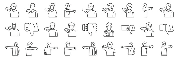 Man show dislike icons set. Various people are showing thumbs down, expressing disapproval, dislike, or negative feedback in different styles