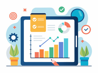 Fototapeta premium Business tablet interface featuring progress chart and step by step action plan