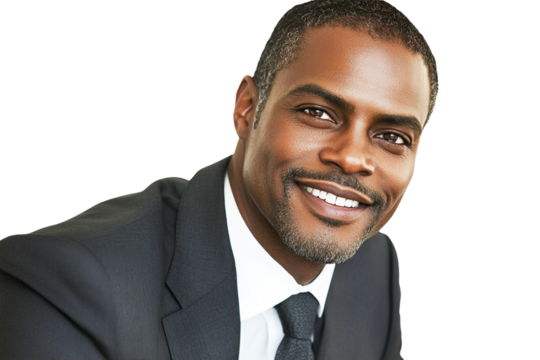 Portrait of a smiling African American businessman wearing a suit; transparent background