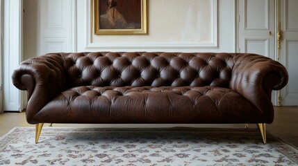 Retro-style leather sofa with button-tufted cushions and brass legs on a patterned rug in soft lighting