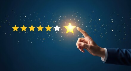 Hand reaching for a glowing star representing five star rating and customer satisfaction achievement