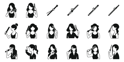 Woman curling iron icons set. Hairdressers using curling iron to style hair, showing different techniques and tools for professional hair care