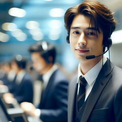 Smiling Asian Male Call Center Agent Wearing Headset in Modern Office for Customer Support and Communication Service Concept with Generative AI.