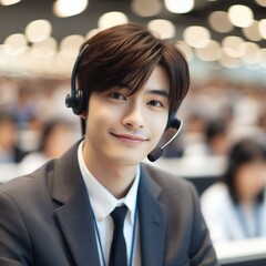Smiling Asian Male Call Center Agent Wearing Headset in Modern Office for Customer Support and Communication Service Concept with Generative AI.
