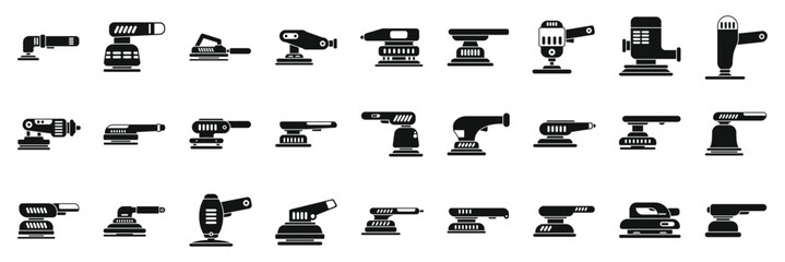 Fototapeta na wymiar Electric sanding machine icons set. Different polishing machine icons represent various types of polishers, ideal for illustrating car detailing, woodworking, metalworking, and floor maintenance