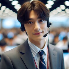 Smiling Asian Male Call Center Agent Wearing Headset in Modern Office for Customer Support and Communication Service Concept with Generative AI.