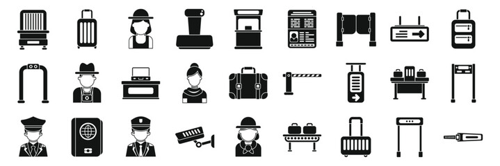 Passport border control icons set. Collection of icons depicting airport security and travel related elements