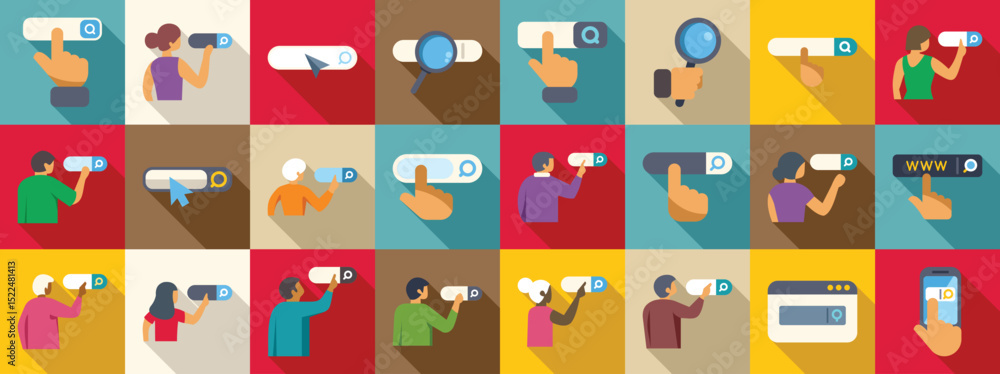 Poster people clicking internet search icons set. people are using search bar and typing keyword for web br