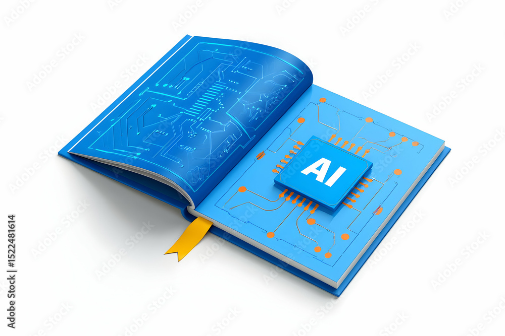 Poster artificial intelligence textbook open revealing circuit board and ai microchip