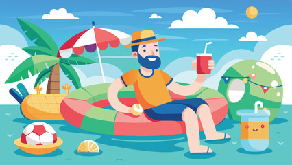 Cartoon Man Relaxing on Inflatable Ring with Drink, Beach Accessories and Palm Tree