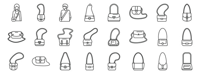 Crossbody icons set. Line icons of various bag styles, including people wearing them, showcasing diverse designs and functionalities