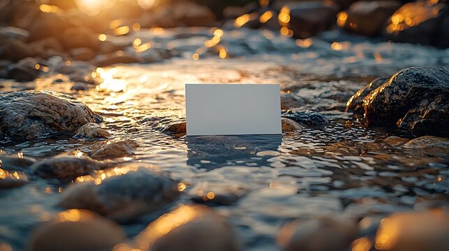 Blank white gift card on a rock in a flowing river reflecting sunlight - Powered by Adobe