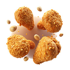3D Crispy Fried Chicken Pieces with Floating Crumbs – Realistic Fast Food Isolated on Transparent Background