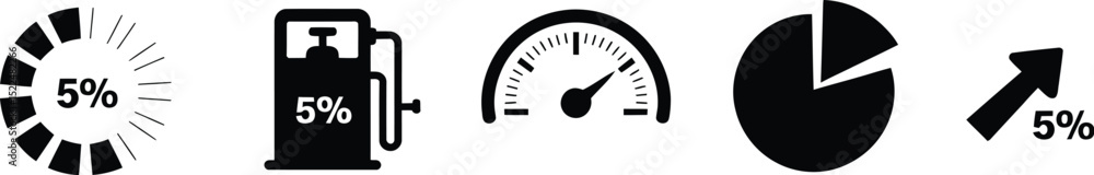 Poster five percent increase data charts and graphs fuel gauge speedometer pie chart growth arrow icons set