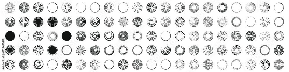 Poster icons set. set of different spiral and circular loading icons, vortexes and swirls, progress and cyc