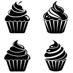 Black and White Cupcake Graphics Four Distinct Designs with Swirled Frosting