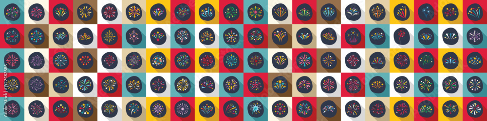 Poster icons set. bright and colorful fireworks exploding against the night sky, creating a festive atmosph